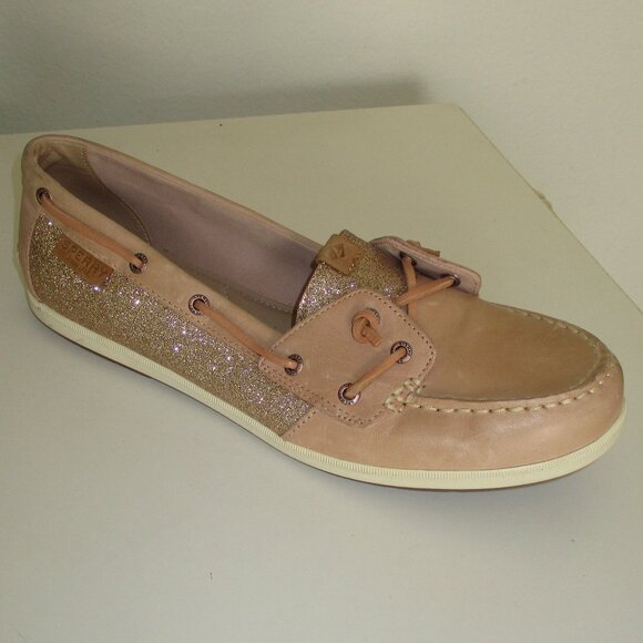 Sperry Top-Sider Womens Tan Leather Gold Sequins Boat Shoe NWOB - Size 11M - Picture 1 of 8